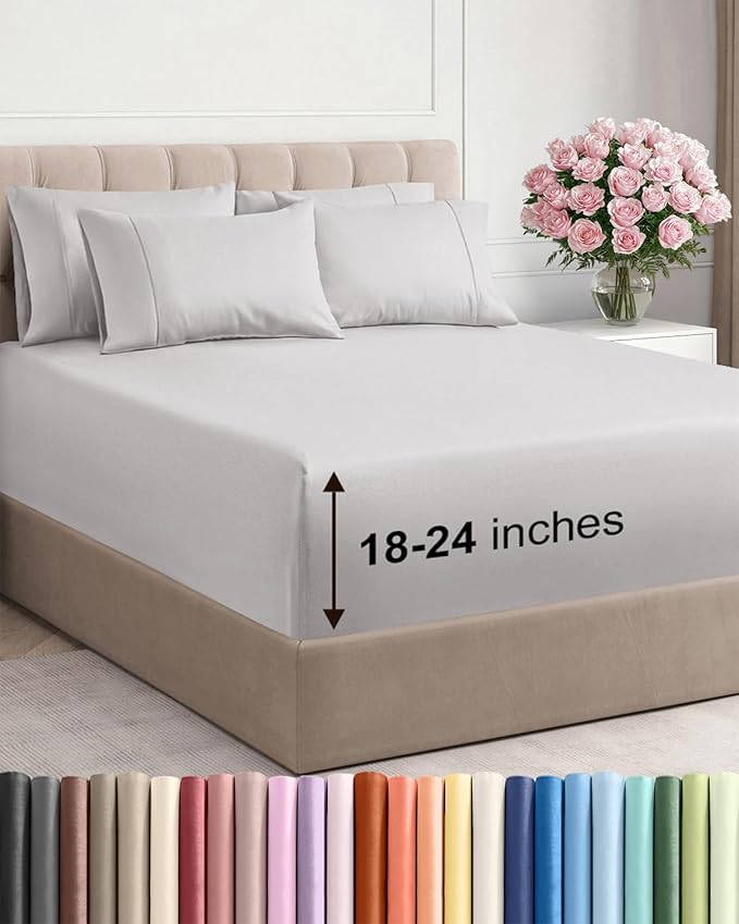 Extra Deep Queen Sheet Set - 6 Piece Breathable and Cooling Sheets - Hotel Luxury Bedding for Women, Men, Kids & Teens - Easy & Secure Fit - Soft and Wrinkle Free - Extra Deep Pockets - French Grey