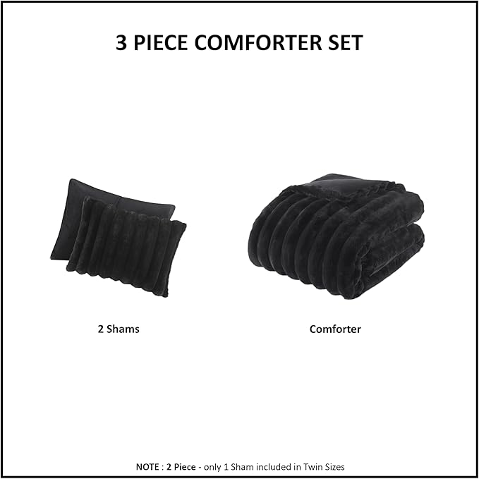 Madison Park Jasmine King Comforter Set, Luxurious Reversible Faux Fur Plush Ribbed Velvet Bedding, Fuzzy Thick Warm Winter Comforter, Super Soft Fluffy 3-Piece Set Black