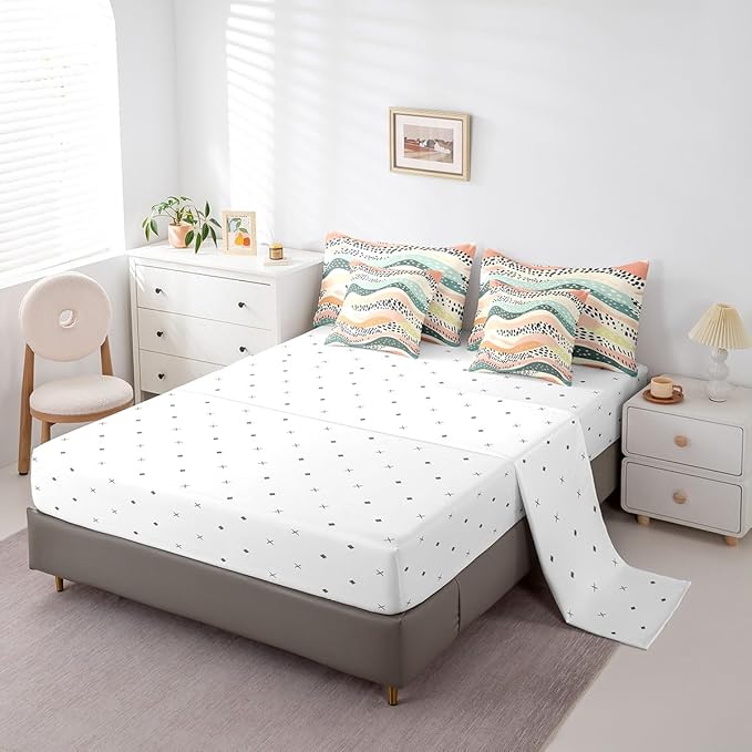 Geometric Wave Bedding Comforter Sets 7pcs Girls Pink Teal Beige Bed in a Bag, Black Polka Dots King Bedding Sets Modern Abstract Art Comforter Set, Vintage Minimalist Bedding Sets & Collections