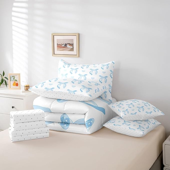 jejeloiu Cute Blue Bow 7 Piece Bedding Set Twin Size Ribbon Bow Comforter Set with Sheets for Kids Women Cartoon Love Heart Bed in a Bag Blue White Bed Set