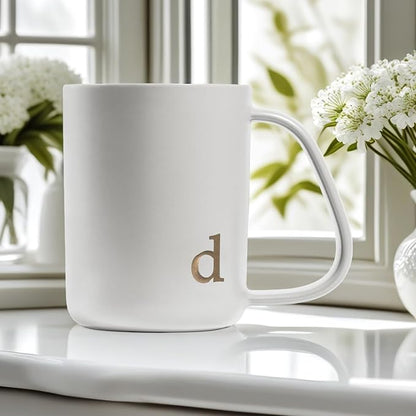 COLLECTIVE HOME - Ergonomic Handle Ceramic Mug, 15 oz Personalized Coffee Cup with Golden Initial, Microwave & Dishwasher Safe, Elegant Monogram Tea Mug in Gift Box for Home & Office (White-d)