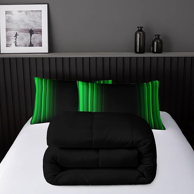 Green and Black Bedding Set Twin Size Abstract Ombre Comforter Set for Teen Boys, Mordern Bedding Set 3 Piece in A Bag,Dark Quilt Set Mordern Art Decor Lightweight All Seasons with Pillowcases