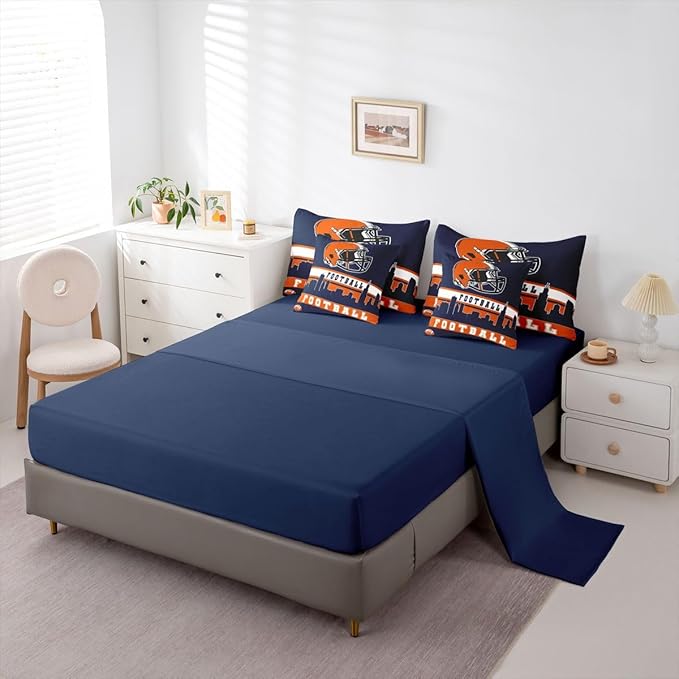 Erosebridal Football 7 Pcs Comforter Set King Football City Bedding for Men Blue Orange Football Fans Sheet Set Bed in A Bag Rugby Game Room Decor Sports Ball Competition Quilt