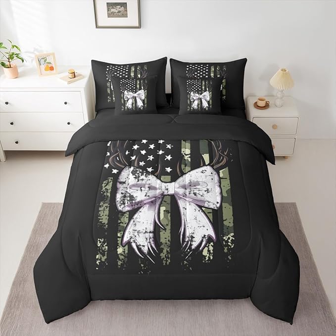 Erosebridal Deer King Comforter Set Elk Bowknot 7-Piece Bed in A Bag Bow Camouflage Antlers American Flag Sheets and Pillowcases Black White Bed Sets