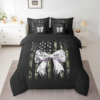 Erosebridal Deer King Comforter Set Elk Bowknot 7-Piece Bed in A Bag Bow Camouflage Antlers American Flag Sheets and Pillowcases Black White Bed Sets