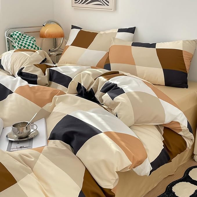 CLOTHKNOW Plaid Full Size Comforter Set 3Pcs Brown Beige Grid Bedding Comforter Sets Beige Khaki Black Checkered Comforter Colorful Grid Comforter Sets Full
