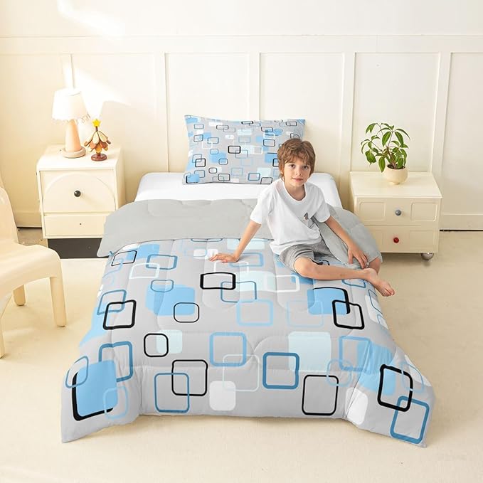 Erosebridal Cool Blue Geometric Square Kids Comforter Sets Abstract Minimalist Stripes Twin Bedding Set for Girls Boys Modern Plaid Comforter Set Checkered Aesthetic Quilt Duvet 2 Pcs