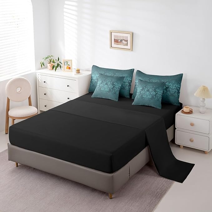 Erosebridal Gothic Damask Bed in a Bag King Size Comforter Set 7 Pieces,Exotic Moth Bedding Sets Turquoise Victorian Floral Goth Sheet Set with Comforter