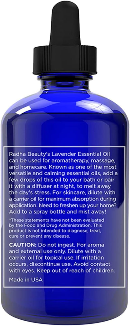 Radha Beauty Lavender Essential Oil 4 oz. - 100% Natural & Therapeutic Grade, Steam Distilled for Aromatherapy, Relaxation, Sleep, Laundry, Stress & Anxiety Relief, Meditation, Massage, Headaches
