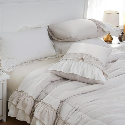 Boho Comfrter Set King Size Beige Bedding Set Shabby Chic Down Comforter 2 Layers Ruffles Home Decor Farmhouse Quilt Set Ultra Soft Microfiber White Cream Bohemian Bed Set for Girls Women