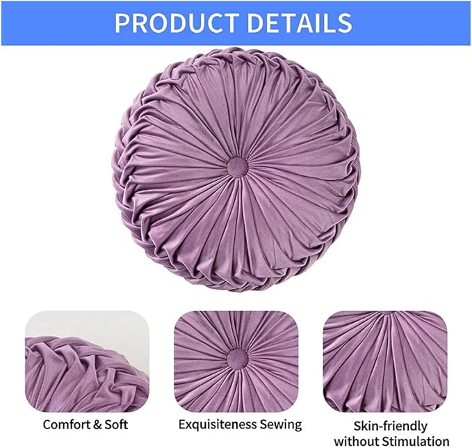 NatureMan 13.7 inch Round Sofa Cushion Pure Color Velvet Home Decor, Pleated Round Cushion, Pumpkin Pillow Suitable for Home Bed car Decoration (Light Purple)