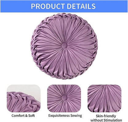 NatureMan 13.7 inch Round Sofa Cushion Pure Color Velvet Home Decor, Pleated Round Cushion, Pumpkin Pillow Suitable for Home Bed car Decoration (Light Purple)