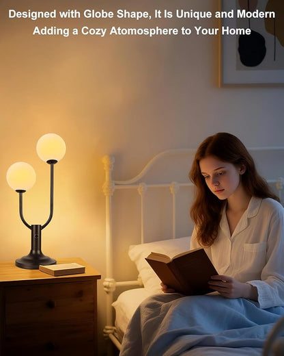 Modern Black Table Lamp for Bedroom, Dimmable Globe Table Lamp 2-Light Desk Lamp 3000K Warmwhite Nightstand Bedside Lamps for Living Room End Table(G9 Bulb Included)