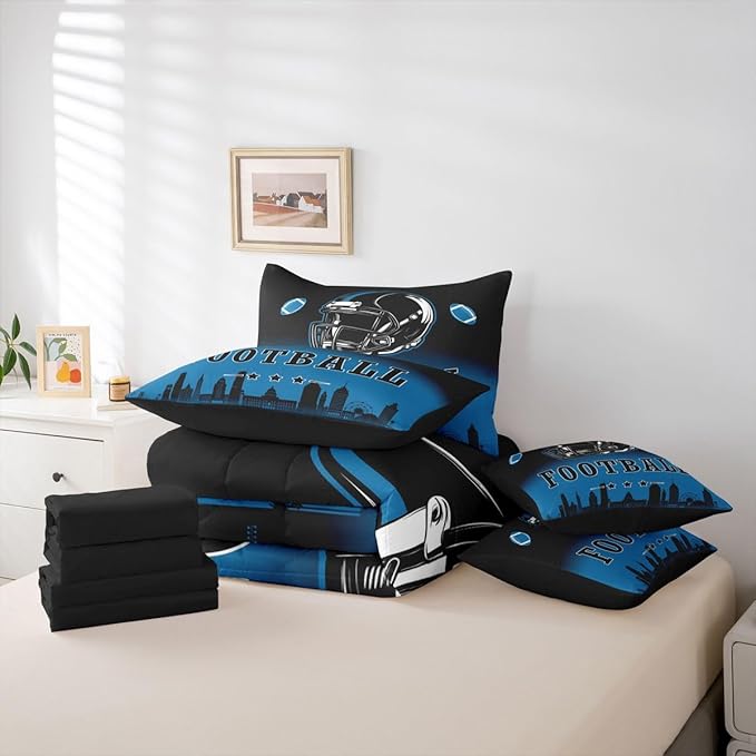 Erosebridal American Soccer 7 Piece Bedding Set Football City Twin Comforter Set with Sheets for Kids Boys Teen,Rugby Sports Games Bed in A Bag Black Blue Sheet Set with Comforter
