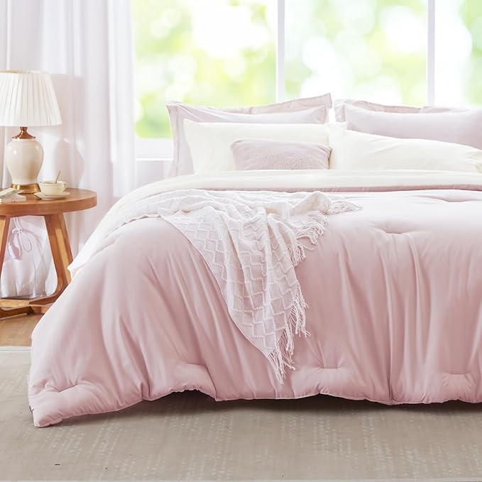 Twin Bedding Set for Girls, Pink and White Reversible Comforter, 5-Piece Soft Bed in a Bag with Comforter, Sheets, Pillowcase & Sham, All Seasons Boho Twin XL Bed Set