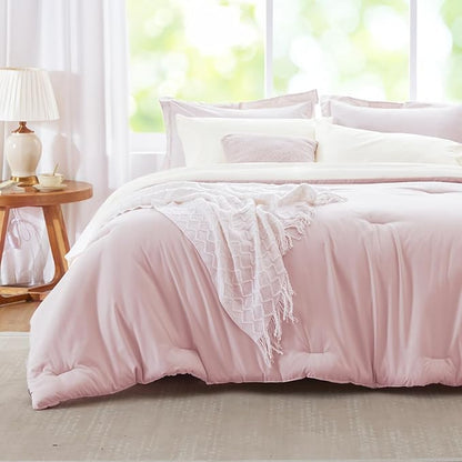 Twin Bedding Set for Girls, Pink and White Reversible Comforter, 5-Piece Soft Bed in a Bag with Comforter, Sheets, Pillowcase & Sham, All Seasons Boho Twin XL Bed Set