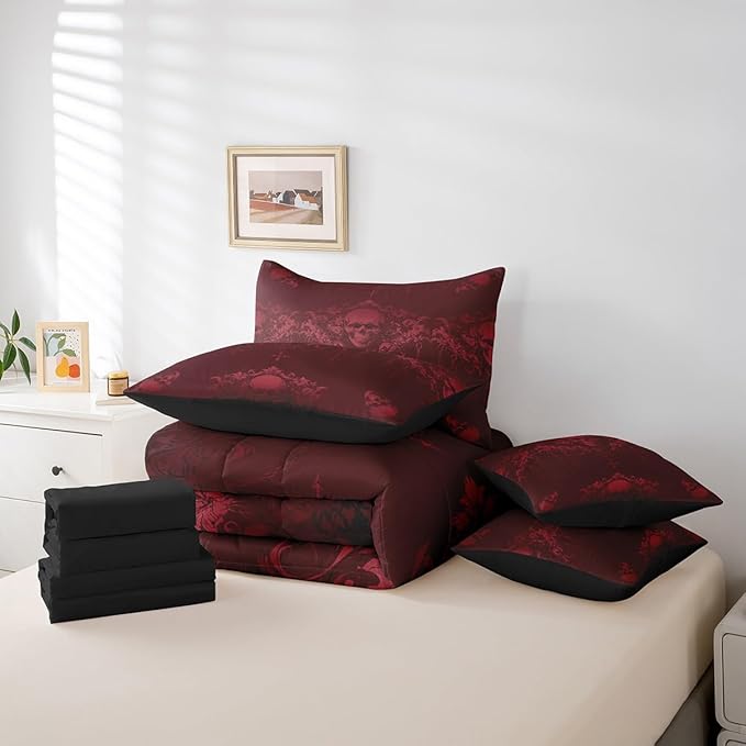 Erosebridal Gothic Bed in a Bag Queen Comforter Set 7 Piece,Goth Sugar Skull Bedding Set,Maroon Damask Bohemian Vintage Floral Comforter and Sheet Set,Exotic Antique Victorian Baroque Decor