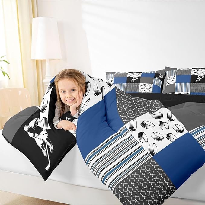 Feelyou Ice Hockey Bedding Set Soft for Boys Girls, Ice Sports Games Comforter Set Full Size Hockey Player Duvet Quilt Microfiber Winter Sports Bedroom Decor Gray Blue 3 Pcs with 2 Pillow Cases