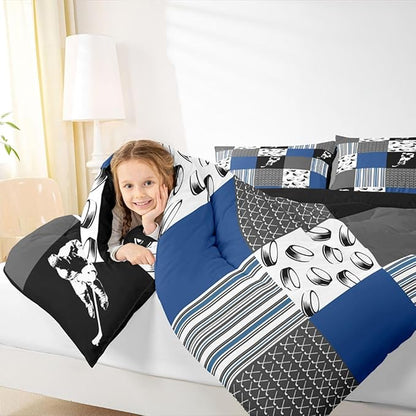 Feelyou Ice Hockey Bedding Set Soft for Boys Girls, Ice Sports Games Comforter Set Queen Size Hockey Player Duvet Quilt Microfiber Winter Sports Bedroom Decor Gray Blue 3 Pcs with 2 Pillow Cases