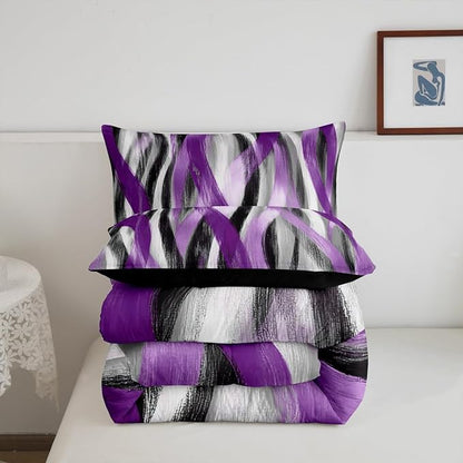 Erosebridal Geometric Stripes Comforter Full Modern Abstract Comforter Set Black Grey Purple Bedding Set for Girls Teen Women Swirl Lines Quilt Duvet Room Decor 3 Pcs