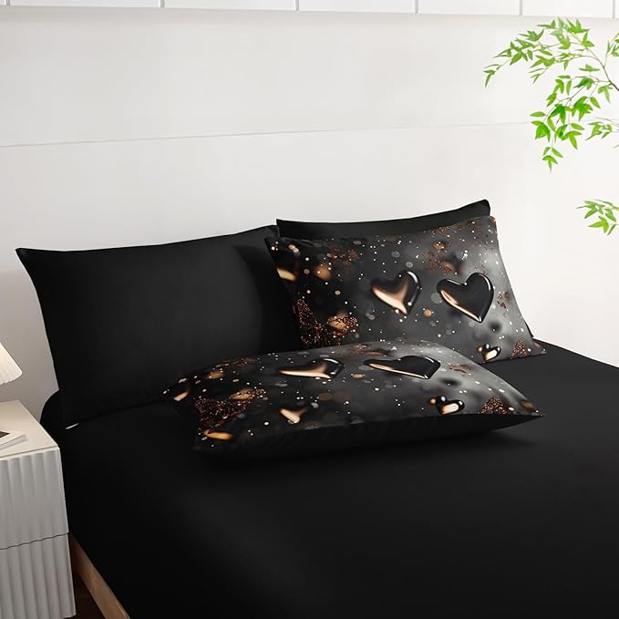 7 Piece Black Heart Comforter Set Queen，Queen Size Heart Bedding Set，Heart Themed Bedroom Decor，(1 Comforter, 1 Flat Sheet, 1 Fitted Sheet, 2 Pillowcase and 2 Pillow Sham)
