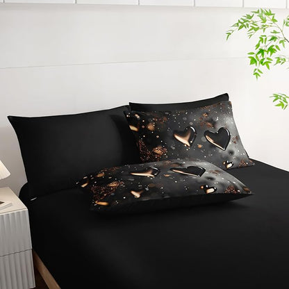 7 Piece Black Heart Comforter Set Queen，Queen Size Heart Bedding Set，Heart Themed Bedroom Decor，(1 Comforter, 1 Flat Sheet, 1 Fitted Sheet, 2 Pillowcase and 2 Pillow Sham)