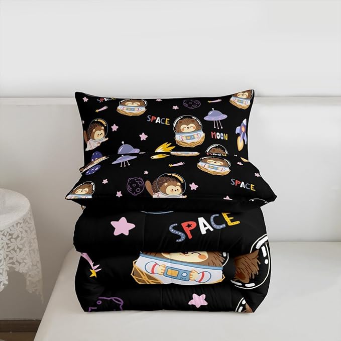 Castle Fairy Space Planet Boys Girls Comforter Set Full Size,Cartoon Hedgehog Astronaut Duvet Set Teens Bedroom Decor,Spaceship Starry Sky Microfiber Soft Bedding