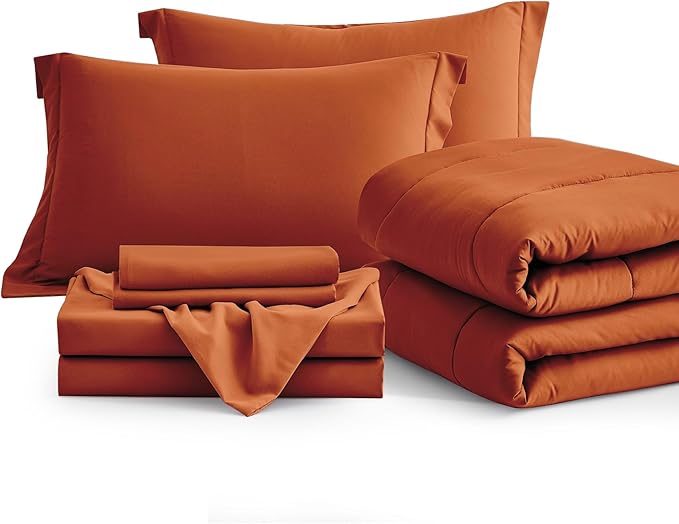 Maple&Stone Twin Comforter Set 5 Pieces Bed in a Bag - Down Alternative Bed Set with Sheets, Pillowcase & Sham, Soft Reversible Duvet Insert for Twin Bed, Burnt Orange