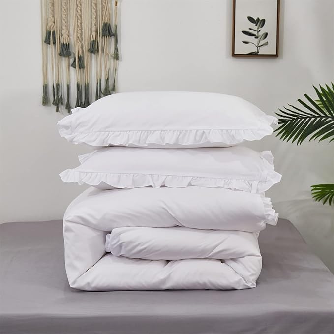 Pureant White Ruffle Comforter Set Twin Boho White Lace Bedding Comforter Vintage Farmhouse Comforter Women Girls Solid White Shabby Chic Bed Quilts Plain White Lightweight Fluffy Ruffled Fringe Bed