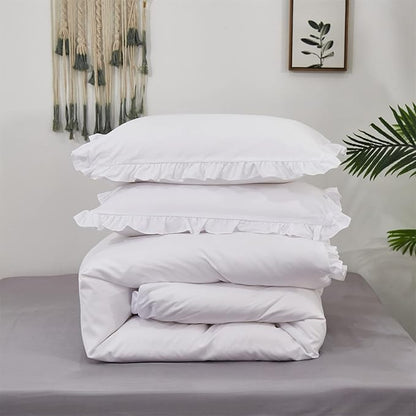 Wellboo White Comforters King Size Solid White Shabby Chic Farmhouse Bedding Comforter Set Women Girls Ruffle Bed Quilt Boho White Lace Blankets Soft Vintage Rustic Floral Lace Comforter Set Durable