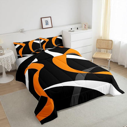 Erosebridal Abstract Black Orange Bedding Comforter Sets Dark Grey White Striped Bedding Set Twin Geometric Stripes Down Comforter for Kids Boys Adults Men Modern Fashion Quilt Duvet