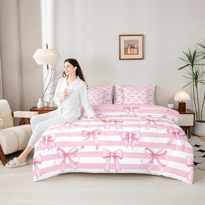Erosebridal Bowknot Pink Bow Stripe Girly Full Comforter Set 7 Pieces | Dreamy White Geometric Bed in A Bag for Bedroom Ribbon Cute Kawaii Bedding Set with Comforters Kids Teens Women Room Decor