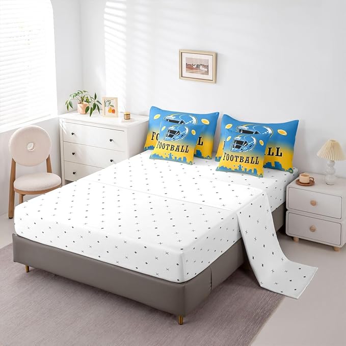 Erosebridal American Soccer 7 Pcs Bedding Set Queen Boys Football City Comforter Set with Sheets Sports Rugby Competitive Games Bed in A Bag Blue Yellow Bed Set for Kids Teen Adults