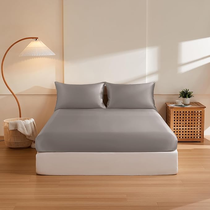 THXSILK 6A+ Top Grade 100% Pure Mulberry Silk Twin Fitted Sheet 3Pcs Set Bed Sheets Luxury Bedding for Hair and Skin Breathable Cooling Safe Material, 1 Fitted Sheet with 2 Pillowcases, Grey