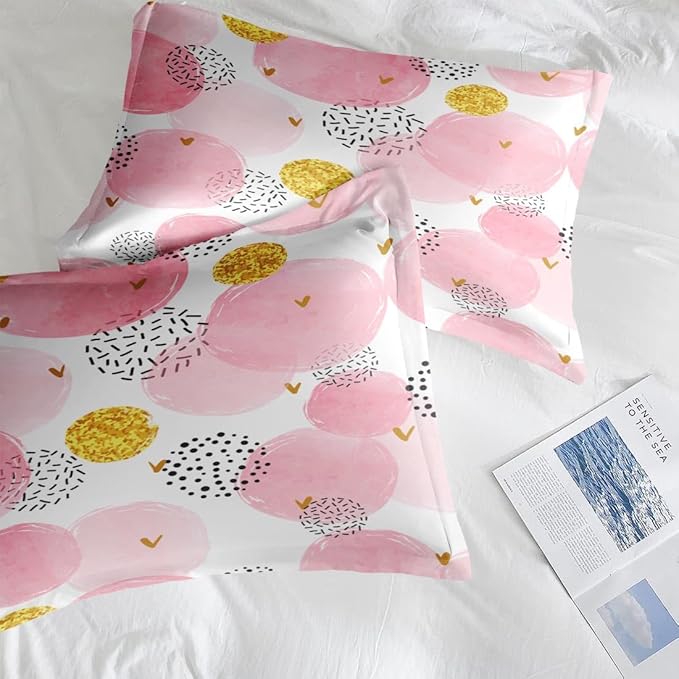 Comforter Set Twin Size, Polka Dot Pink 5 Pcs Bedding for Kids and Adults, Watercolor Spots Circles Bed Sheet Sets with Fitted Sheet Pillowcase & Sham for Bedroom Bed Decor