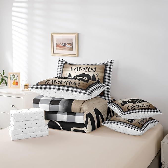 Full 7Pcs Family Camping Comforter Set - Bed in a Bag - Rv Camper - Black and White Sketch Lines Comforter Set with 1 Comforter, 1 Flat Sheet, 1 Fitted Sheet, 2 Pillowcases and 2 Throw Pillow Covers