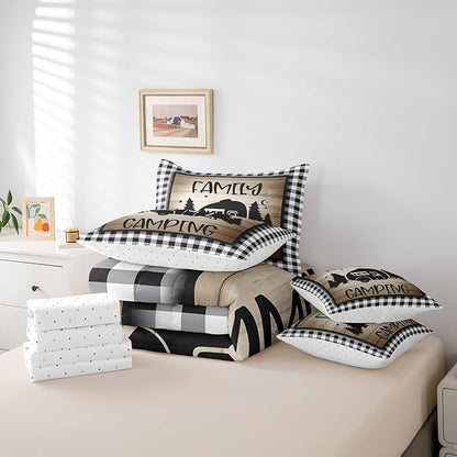 Full 7Pcs Family Camping Comforter Set - Bed in a Bag - Rv Camper - Black and White Sketch Lines Comforter Set with 1 Comforter, 1 Flat Sheet, 1 Fitted Sheet, 2 Pillowcases and 2 Throw Pillow Covers