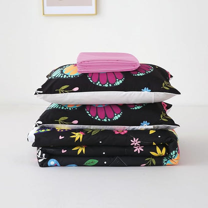 Kids Butterfly Comforter Set Full Size for Girls Colorful Flowers Leaves Bedding Set for Teens Black 7 Piece Bed in A Bag Super Soft All Season