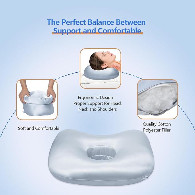 Ear Piercing Pillow for Side Sleepers, Pillow with an Ear Hole for CNH and Ear Pain Ear Inflammation Pressure Sores (Light Blue Silk, 17.3"x12.6"x2")