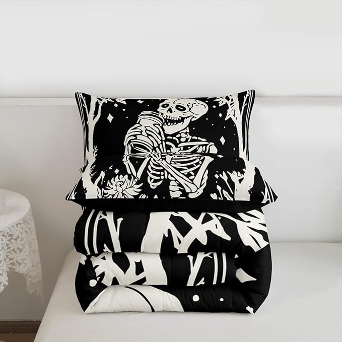 Erosebridal Goth Bedding Set Twin for Home, Spooky Halloween Gothic Skull Comforter Set, Skeleton Drinking Coffee Black Comforter, Sun and Moon Quilt with 1 Pillowcase for Kids Teens Women Men