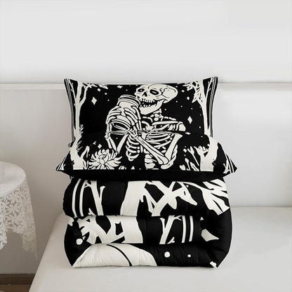 Erosebridal Goth Bedding Set Queen for Home, Spooky Halloween Gothic Skull Comforter Set, Skeleton Drinking Coffee Black Comforter, Sun and Moon Quilt with 2 Pillowcases for Kids Teens Women Men