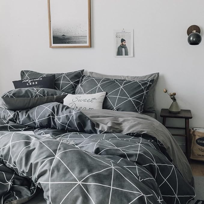 mixinni Queen Size Comforter Set Soft Geometric Grey Geometric Checkered Plaid Printed Bedding Comforter for Men Boys, 1 Soft Microfiber Reversible Comforter with 2 Pillowcases for All Seasons