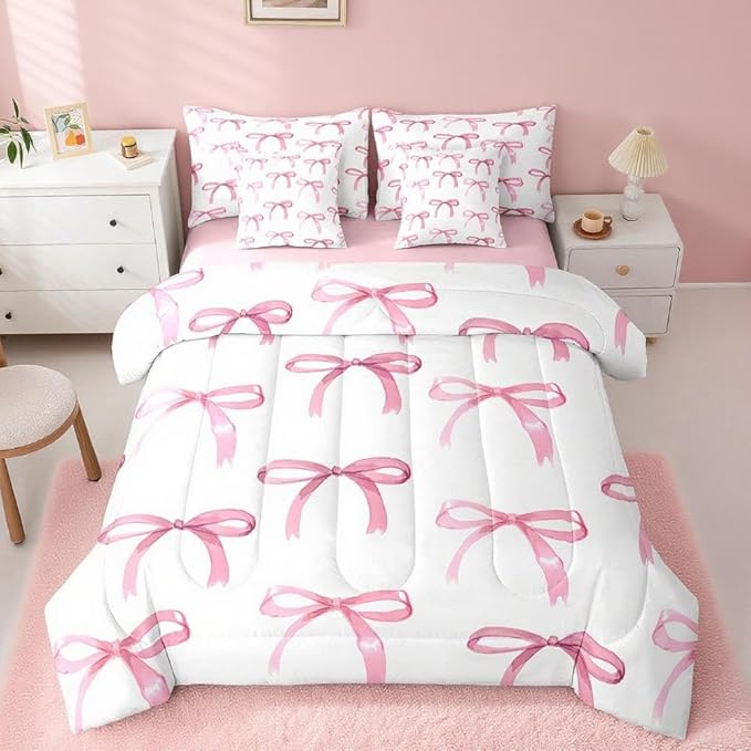 Feelyou Bow Bedding Set for All Season Boys Girls King Size Cute Bowknot 7 Pieces Comforter Sets for Kids Women Men Pink Girls Bow Bed in a Bag with Comforter, Sheets, Pillowcases & Cushion Cover