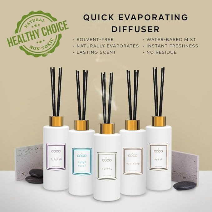 COCO by Stone 5oz Reed Diffuser (Santal) – Luxury Scented Oil Diffuser for Home Aromatherapy, Long-Lasting Vegan Fragrance, Elegant Home Décor and Air Freshener