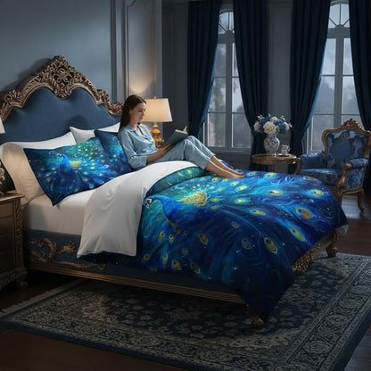 King Size Peacock Comforter Sets,Blue Animal Feather Comforter for Adult Women Bedroom Decor, Victorian Bird 3 Pcs 2 Pillowcases, 104''x90''