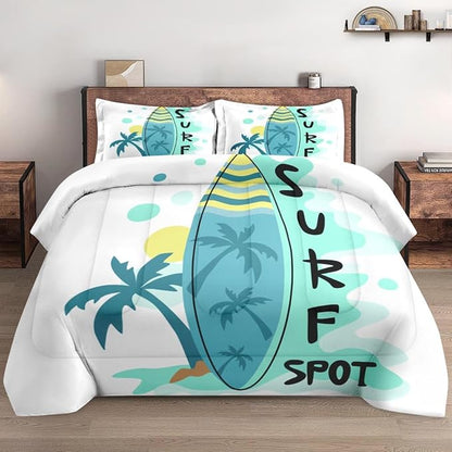 Comforter Set Queen Size, Surfboard Sea Summer 3 Pcs Soft Bedding Set for Kids and Adults, Palm Tree Beach Sun Comforter Set with 2 Pillowcases, for Bedroom Bed Decor