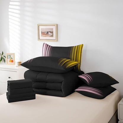 Feelyou Teens Abstract Ombre Decorations Bed in a Bag for Kids Women Pink Yellow and Black Comforter Set with Sheets Geometric Modern Bed Set Room Full Size