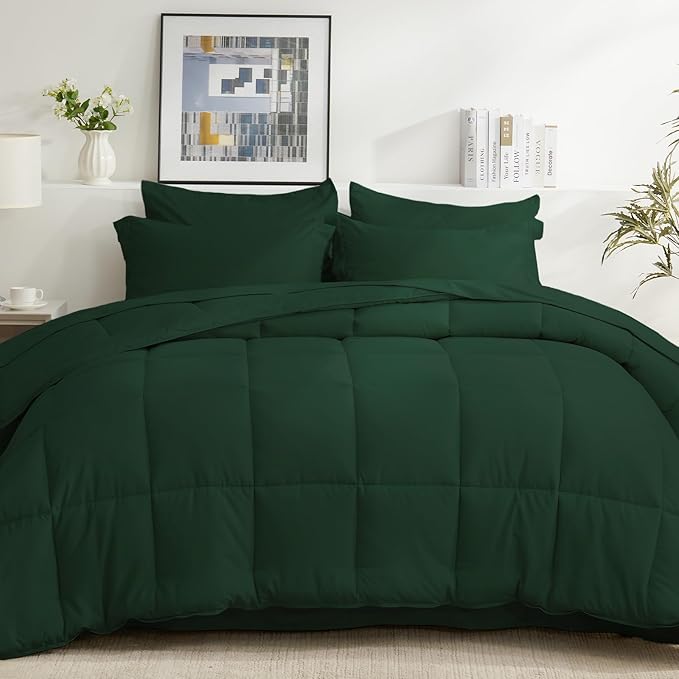 COZYART Queen Comforter Set 7 Pcs, Emerald Green Bed in a Bag, All Season Lightweight Soft Reversible Bedding Set, 1 Comforter, 1 Flat Sheet, 1 Fitted Sheet, 2 Pillow Shams, 2 Pillowcases