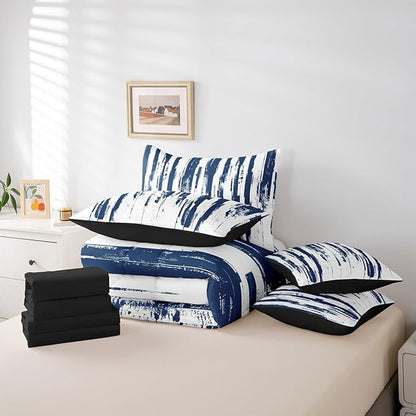Erosebridal 7Pcs Navy Blue Full Comforter Set,Teal Geometric Stripes Striped Abstract Bed in A Bag,Modern Art Aesthetic Quilt Set with Pillowcases,Watercolor Graffiti Ink Bedding with Bed Sheets