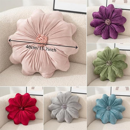 15.7 Inches Round Throw Pillows Velvet Flower Chair Cushion for Couch Sofa Chair Bed Home Decoration (Beige)